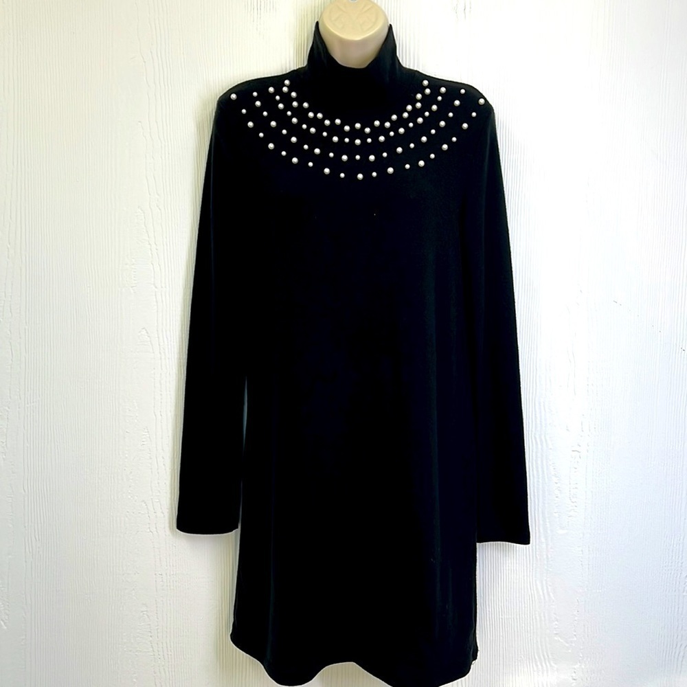 Zara - Black Mock Neck Pearl Knee Length Dress Size Small